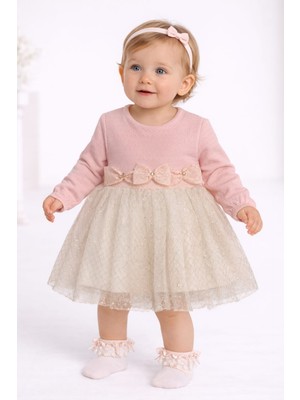 love Tüllü Alt Krem Üst Pembe Renk Kız Bebek Elbise