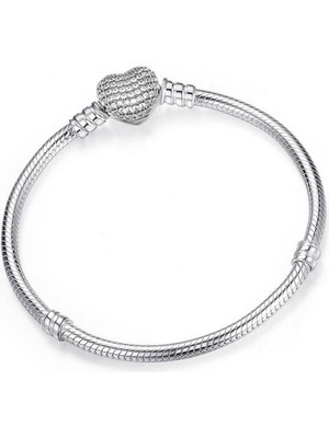 Mimozaavm Charm Uyumlu Pave Taşlı Kalp Gümüş Kaplama Bileklik