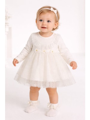 love Tüllü Papatyalı Beyaz Renk Kız Bebek Elbise