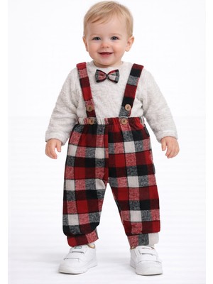 love Üstü Peluş Papyonlu Alt Ekoseli Bahçıvan Pantolon Erkek Takım