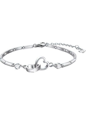 Kumi 925 Ayar Gümüş Boyu Ayarlanabilir Kübik Zirkon Taşlı Çift Kalp Bileklik Sevgililer Günü Hediyelik