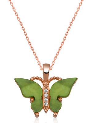 Skygo Gümüş Rose Yeşil Kaplangözü Taşlı Kelebek Kolye