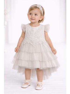 love Tüllü Incili Çiçekli Kuyruklu Beyaz Renk Kız Bebek Elbise