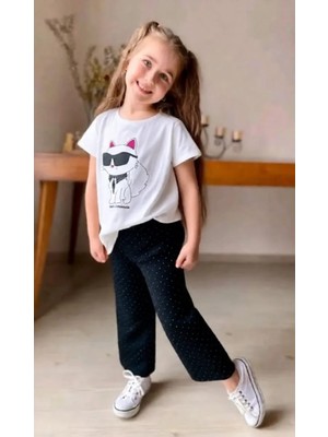 love Kısa Kollu Kedi Baskılı T-Shirt ve Palazzo Işıltılı Pantolonlu Takım