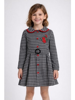 love Gül Detaylı Ekose Yakalı Düğmeli Kız Çocuk Elbise