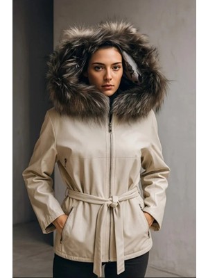 HMO Store Krem Rengi Çift Traflı Özel Tasarım Premium Hakiki Kürk Hakiki Deri Ceket