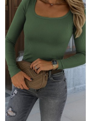 Yeşil Sarmaşık Kadın Uzun Kollu Derin Yuvarlak Yaka Kaşkorse Bluz