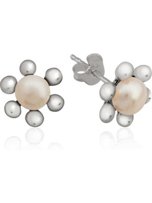 Skygo 925 Ayar Gümüş Inci Çiçek Çivili Küpe