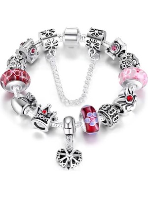 Kumi 14K Beyaz Altın Kaplama Avusturya Kristali Kalp Detaylı Pembe Quenn Charmlı Kadın Bileklik-20Cm