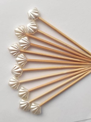Tasarı Mağazası 200 Adet Dekoratif Küçük Deniz Kabuğu Incili Nişan Kürdanı 6,5 cm Istiridye 10 Mm- Pasta Kürdanı