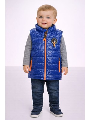 love Fermuarlı Parlak Mavi Turuncu Detaylı Erkek Çocuk Yelek