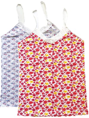 Skygo 2 Adet Kadın Askılı Desenli Atlet Dantelli Empirme Pamuklu Penye D7-8