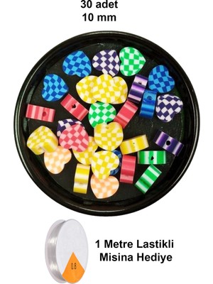 Skygo 30 Adet 10 mm Polimer Kil Fimo Boncuk Takı Bileklik + 1 Metre Lastikli Misina Hediye - Desenli Kalp