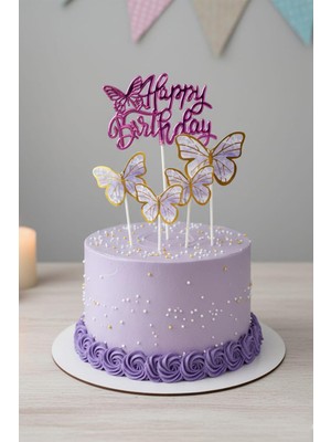 Patladı Gitti Fuşya Happy Birthday & Kelebek Pasta Süsü Seti (5 Parça)