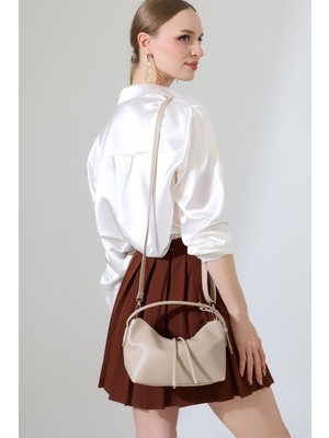 BALANZ Bej Kadın Mini Boy Uzun Çapraz Askılı El ve Omuz Çantası [20X16 Cm]