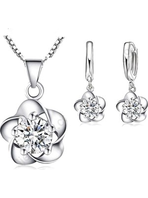Kumi 925 Ayar Gümüş Çiçek Kolye Kanca Küpe Seti Sevgiliye Hediye