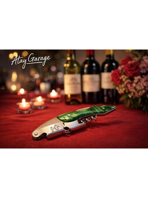 Atay Garage Tirbuşon Yeşil Saplı Profesyonel Sommelier Tirbişonu – Kapak Açacaklı, Katlanabilir Şarap Açacağı