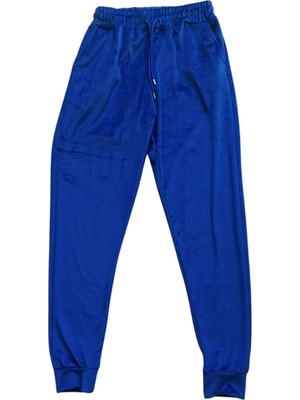 Skygo Parlak Kadife Cepli Pantolon Eşofman Pijama Altı Unisex Lastikli Paça Mavi