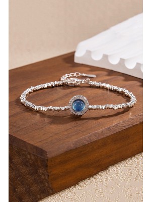 Kumi 925 Ayar Gümüş Mavi Taşlı Kadın Bileklik - Zirkon Taş Çerçeveli Ayarlanabilir Şık Tasarım Takı