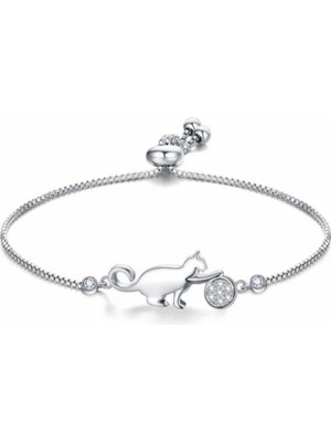 Kumi 925 Ayar Asansörlü Boyu Ayarlanabilir Kedi Figürlü Taşlı Gümüş Bileklik