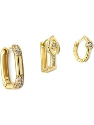 Skygo 3'lü Taşlı Halka Küpe - Altın