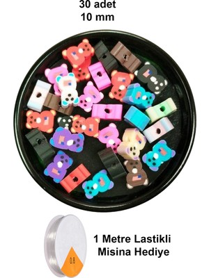 Skygo 30 Adet 10 mm Polimer Kil Fimo Boncuk Takı Bileklik + 1 Metre Lastikli Misina Hediye - Renkli Ayıcık