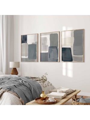 Pam Studio 3’lü Soyut Tablo Seti | Gri Bej Tonlu Modern Duvar Dekoru | Ahşap Çerçeveli Tablo