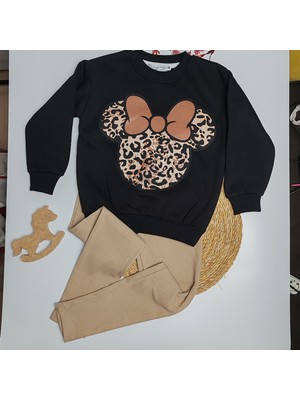 Moda Rüyası Mickey Mouse Leopar Desenli Siyah Kız Çocuk Alt Üst Takım – 4-8 Yaş