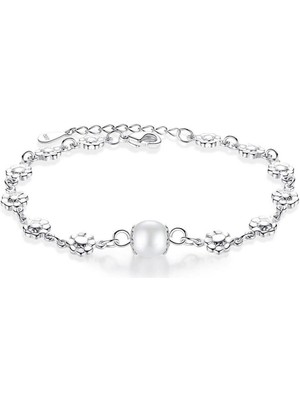 Kumi 925 Ayar Ayarlanabilir Çiçek Tek İnci Tasarım Kadın Gümüş Bileklik