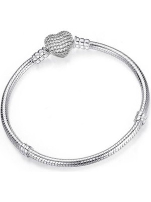 Kumi 925 Ayar Charm Uyumlu Pave Taşlı Kalp Gümüş Bileklik Sevgililer Günü Hediyelik