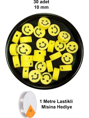 Skygo 30 Adet 10 mm Polimer Kil Fimo Boncuk Takı Bileklik + 1 Metre Lastikli Misina Hediye - Gülen Yüz Smile