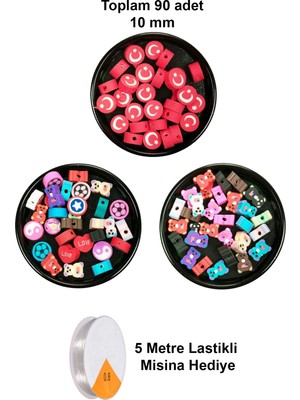 Skygo 90 Adet 10 mm Polimer Kil Fimo Boncuk Takı Bileklik + 5 Metre Misina Hediye - Karışık - Bayrak - Ayıcık