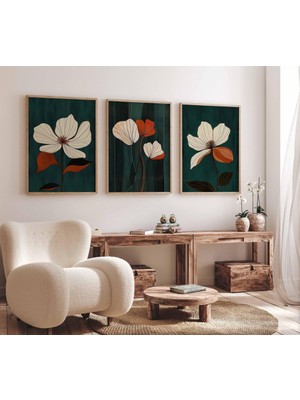 Pam Studio 3’lü Çiçek Tablo Seti | Yeşil Zeminli Floral Duvar Dekoru | Ahşap Çerçeveli Modern Tablo