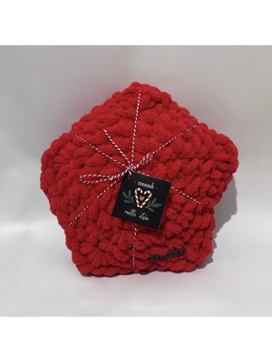 Ayona El Örgüsü Kırmızı Puffy Yıldız Yastık - Ultra Yumuşak Hediyelik Dekoratif Yastık 28X28 cm