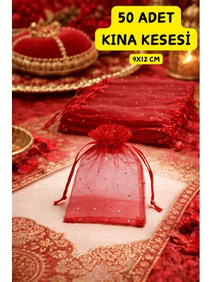 Emtory Home 50 Adet Kına Kesesi Kırmızı Tüllü Simli – Kına Gecesi, Düğün, Nişan Hediyelik (9X12 Cm)