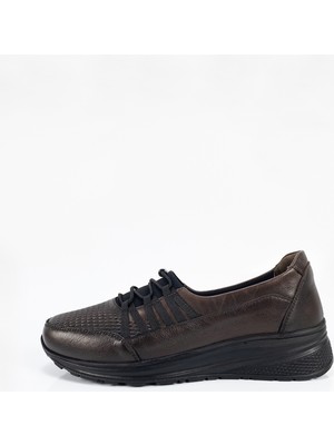 Aktaş Ayakkabı Kadın Kahverengi Hakiki Deri Ortopedik Lastikli Babet Ayakkabı