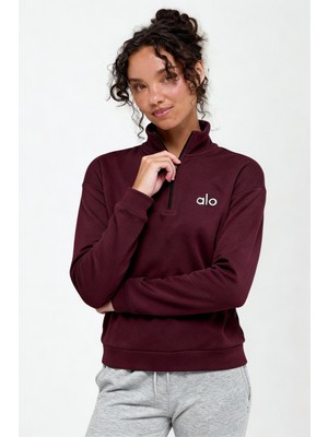 Vişne Renk Fermuarlı Yaka Uzun Kollu Basic Sweatshirt