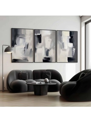 Pam Studio Gri Siyah Soyut 3’lü Çerçeveli Tablo Seti | Modern Minimal Duvar Tablosu