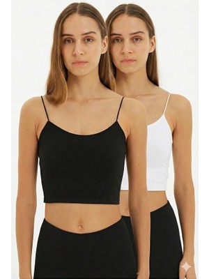 Newhappylife Kadın Şık Büstiyer & Ip Askılı Crop & Kadın Iç Giyim & Dış Giyim & Penye Bluz Beyaz Siyah Ikili