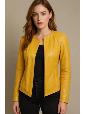 HMO Store Sarı Özel Tasarım Yan Fermuar Premium Kadın Hakiki Deri Ceket