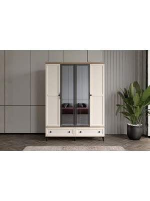 Doressa Duns Walnut 4 Kapılı Camlı Gardırop
