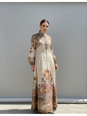 Rabiossa Kadın Bohem Desenli Hakim Yaka Elbise