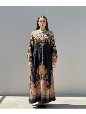 Rabiossa Kadın Bohem Desenli Hakim Yaka Elbise