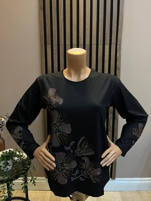 Akmavi Kadın Orta Yaş ve Üzeri Viskon Renkli Yaprak Desenli Taşlı Likralı Anne Penye Bluz