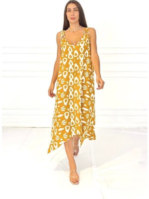 Keyifli Moda Hardal Rengi Desenli Askısı Halkalı Uzun Elbise