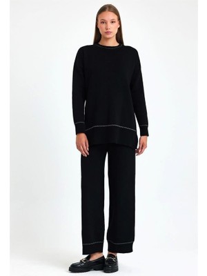 Keyifli Moda Siyah Bisiklet Yaka Tunik Pantolon Triko Alt Üst Takım