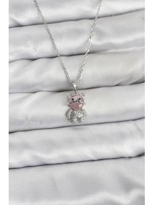 Twin Store 316L Çelik Zincir Gümüş Renk Teddy Bear Model Zirkon Taşlı Kadın Kolye
