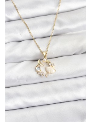 Twin Store 316L Çelik Zincir Gold Renk Deniz Tema Model Zirkon Taşlı Kadın Kolye