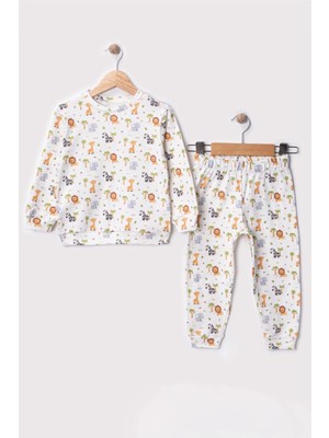 Bontino Unisex Çocuk %100 Pamuk Safari Hayvanları Desenli Dijital Baskılı Eşofman Takımı