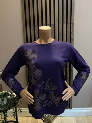 Akmavi Kadın Orta Yaş ve Üzeri Viskon Renkli Yaprak Desenli Taşlı Likralı Anne Penye Bluz